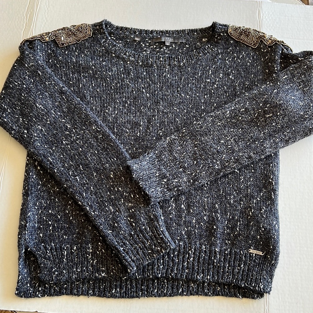 GUESS Navy & Silver Sweater with Beaded Shoulder Appliques